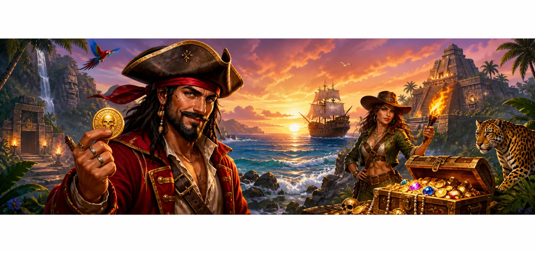 Ultra-wide horizontal image featuring slot-game characters and creatures set in a thematic panoramic landscape.